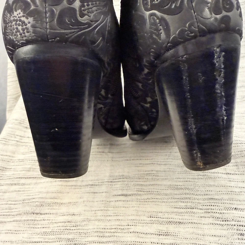 Jeffrey Campbell‎ Free People Black Leather Jacquard Embossed Ankle Boots 10